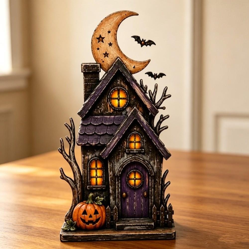 Spooky Wood Haunted House Statue Vintage Stacked Pumpkin Cart Ornament Shelf Decor