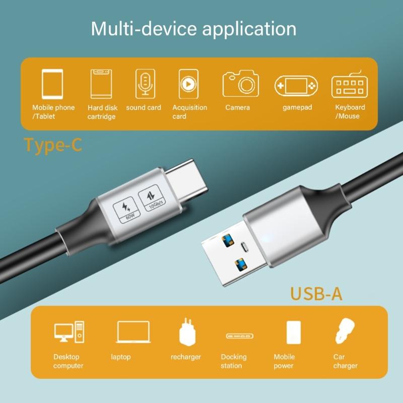 USB To TypeC Cable 10Gbps Fast Charging Support 60W Power Delivery and Data Transfer Travel USB A To C Cord