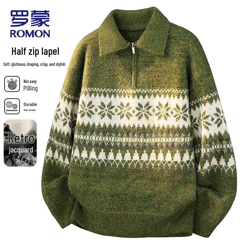 ROMON Vintage Jacquard Half-Zip Collared Knit Sweater