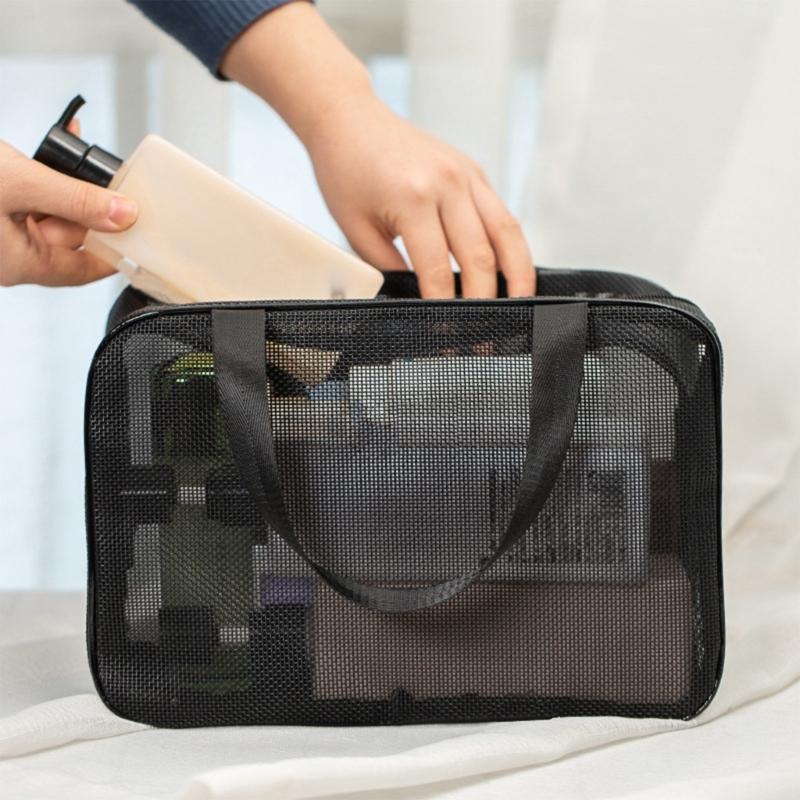 Ventilated Travel Cosmetic Bag With Adjustable Handle Portable Meshes Design For Bathroom Essential Storage