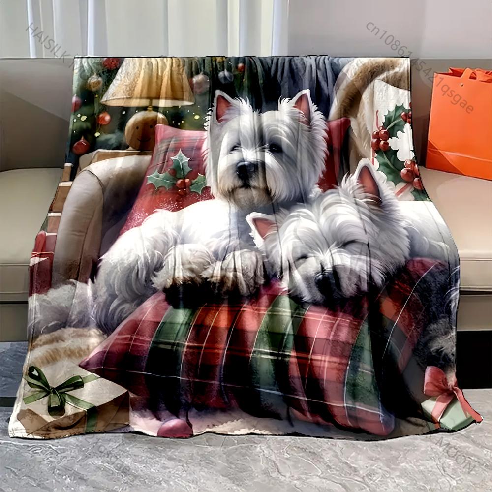 2 West Highland White Terriers Christmas Theme Pattern Blanket Flannel Material Soft Warm for All Seasons Home Outdoor Camping 75x100cm