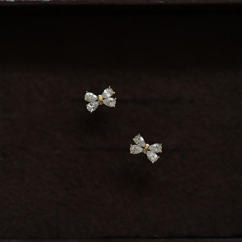 Korean Sweet Four Shiny Zircon Bow Stud Earrings for Women 925 Sterling Silver Temperament Jewelry Gold