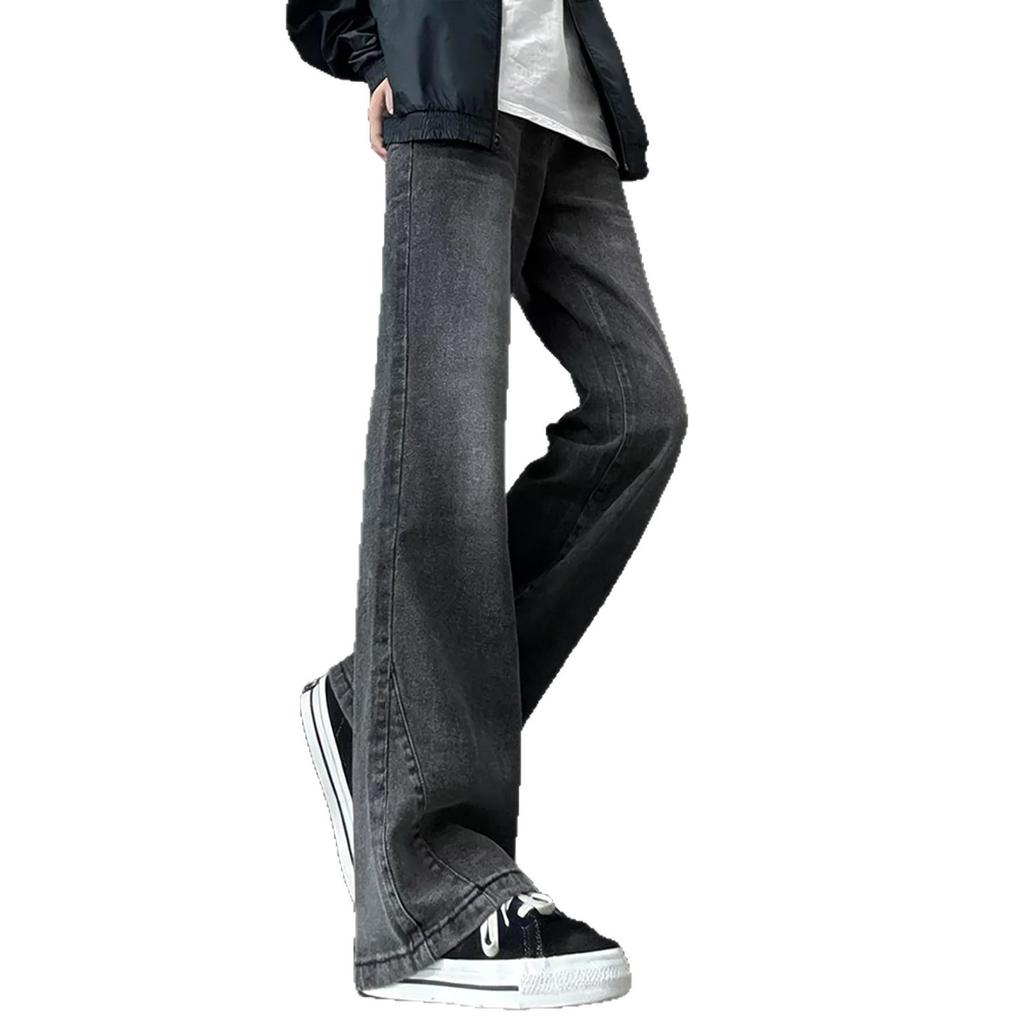 Guochao Light Blue Diagonal Cut Micro-pull Jeans Men's American High Street Cleanfit Straight Thin Micro-pull Pants
