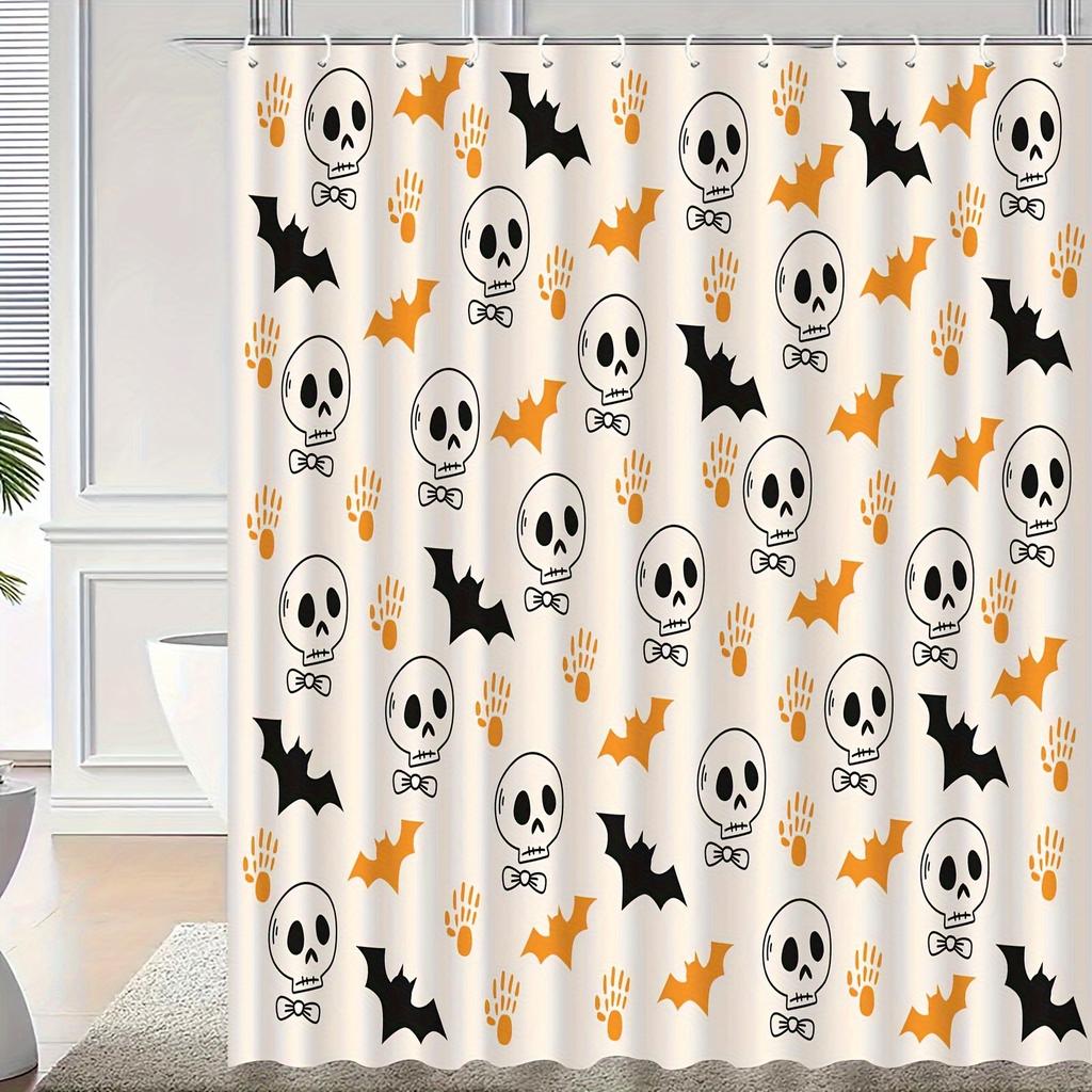 Halloween Bat & Skull Shower Curtain, Anti-Fog Polyester, Cute And Spooky Design,Seasonal Bathroom Decor, Home Accessory