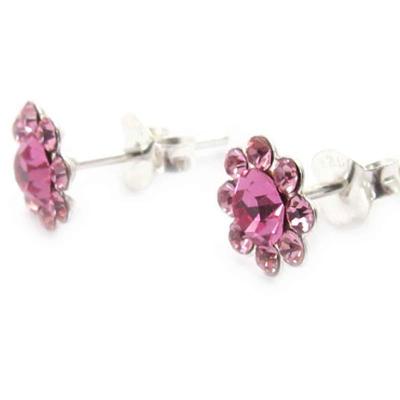 [J8700] - Pink 'Crystal Flowers' Silver Earrings
