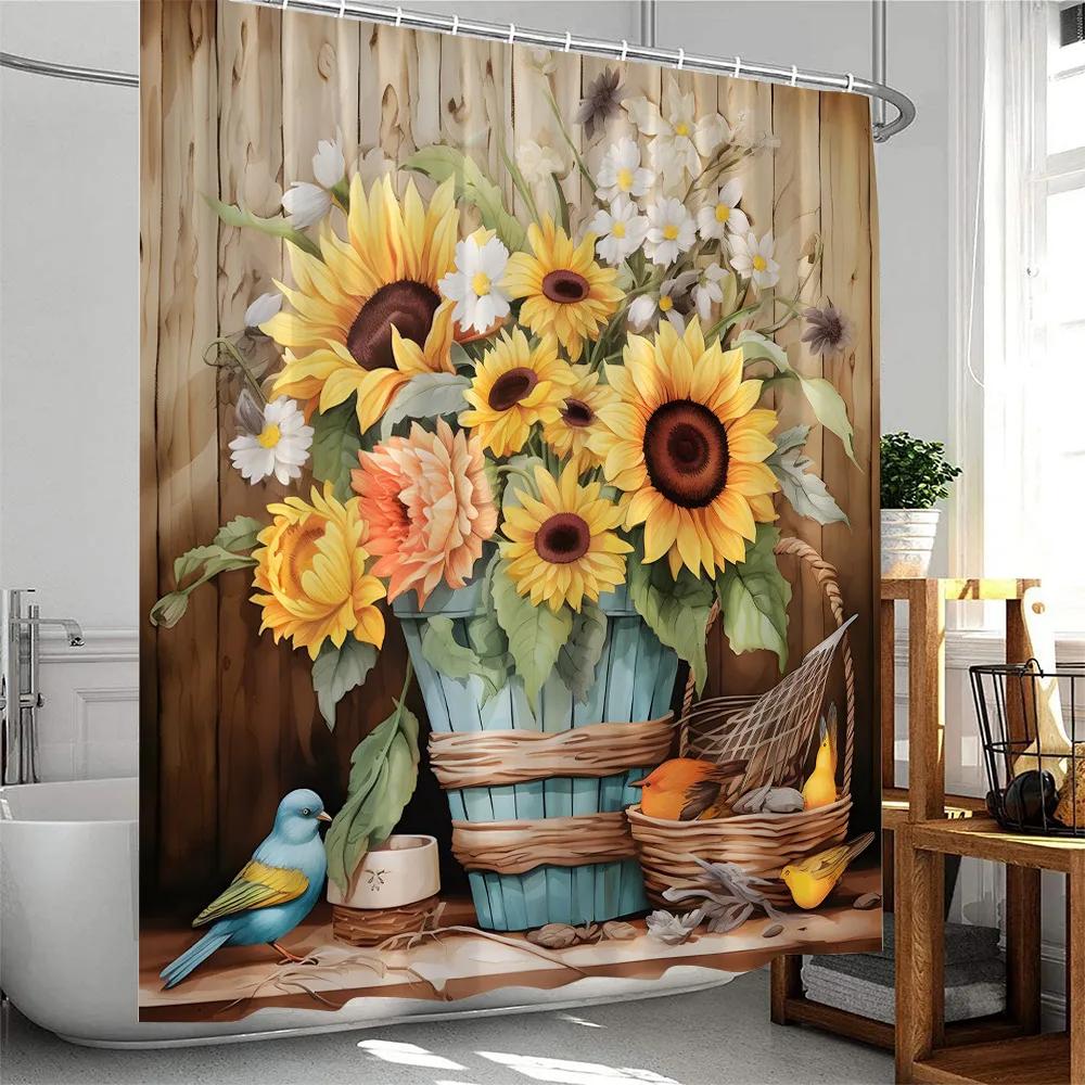 Sunflower Farmhouse Shower Curtain Countryside  Autumn FLowers Birds Butterfly Floral Bathroom Decor Polyester Bathtub Curtain