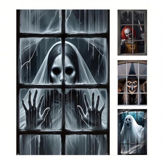 Halloween Window Cover Spooky Ghost Zombie Window Poster Clings Scary Hanging Background Decor for Halloween Party Supplies