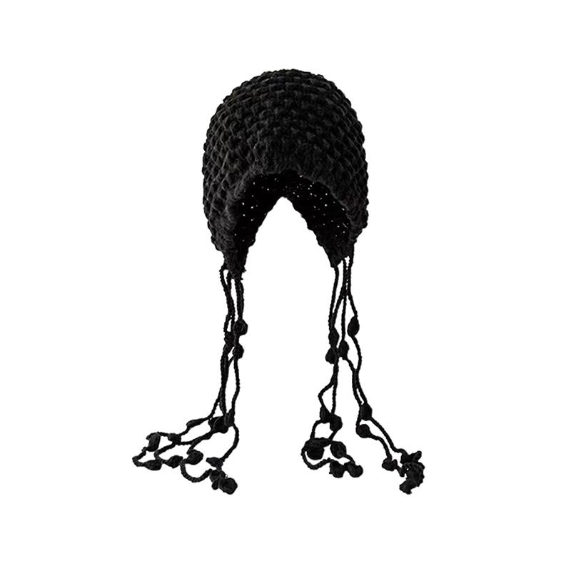 Sweet Handmade Autumn Winter Knitted Beanies Hat Wool Warm Ear Protection Hat Windproof Tassel Pullover Hat