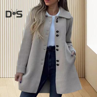 Herfst Winter Dames Wollen Jas Revers Lange Mouwen Effen Kleur Losse Pasvorm Dagelijkse Draagjas Casual Streetwear