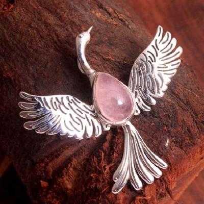 Pingente Reiki, pingente de cura de cristal, pingente de prata, pingente de pássaro Phoenix, pingente de quartzo rosa joias de prata esterlina 925