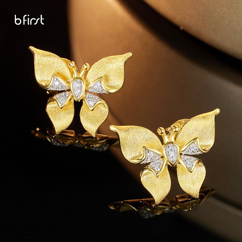 S925 Italian style handmade brushed butterfly earrings light luxury high-end earrings exquisite stud earrings medium antique earrings 925 silver