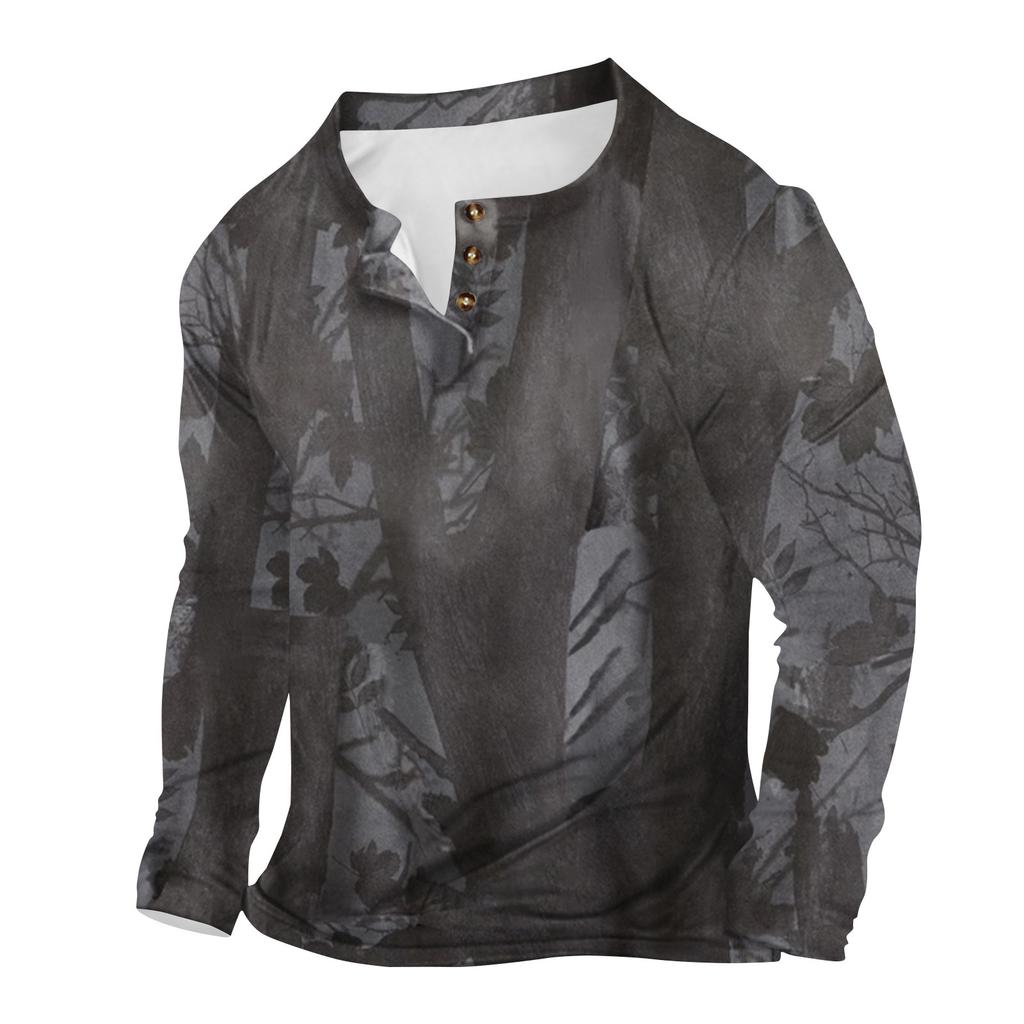 Pánské outdoorové vintage módní sportovní tričko s knoflíkem do V s dlouhým rukávem