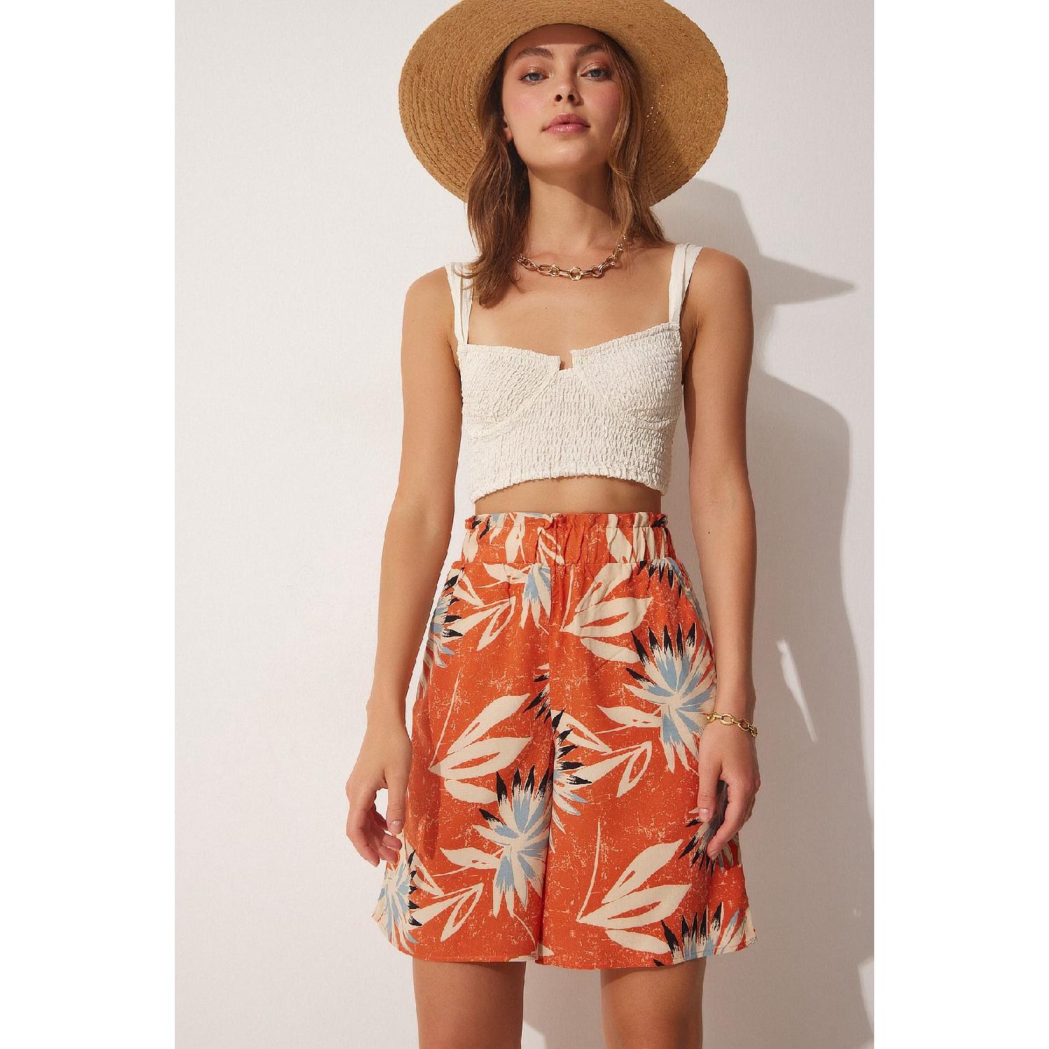 

Women s Orange Patterned Bermuda Viscose Shorts Wf00041