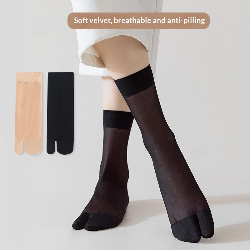 Women'S Summer Ultra Thin Toe Socks Sexy Breathable Toe-Separated Mid Tube Socks Solid Color Casual Transparent Tabi Silk Socks