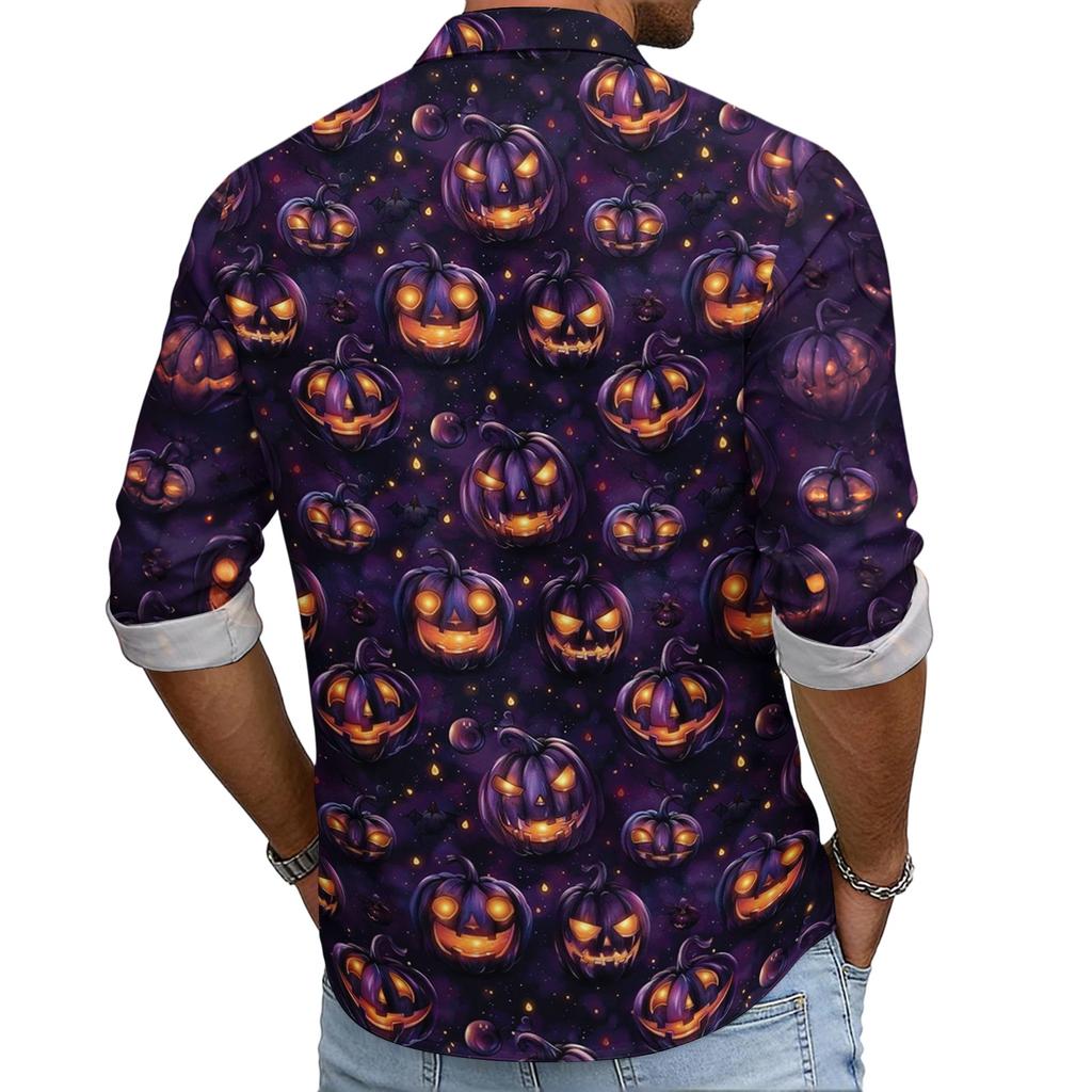 Men's Casual Long Sleeve Halloween Print Button Down Shirt Relaxed Fit Lightweight Breathable Fabric Comfortable Daily Wear