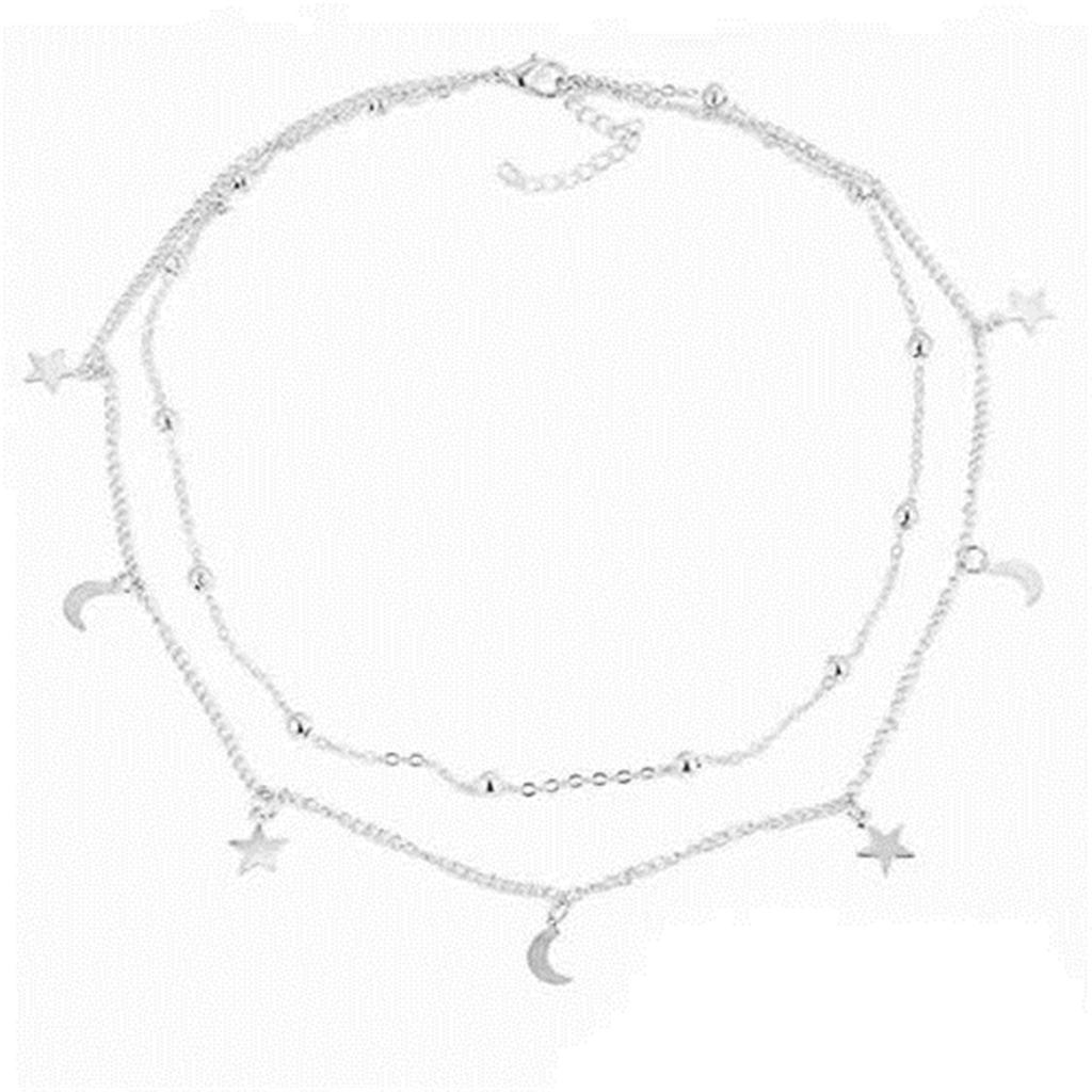 Women's Overlay  Double Layer Moon Star Short Necklace Round Bead Lock Necklace