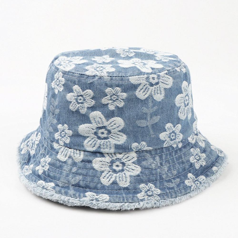 Washed Denim Fisherman Hat Flower Embroidered Sunscreen Sun Cap Retro Cowboy Bucket Hats Outdoor