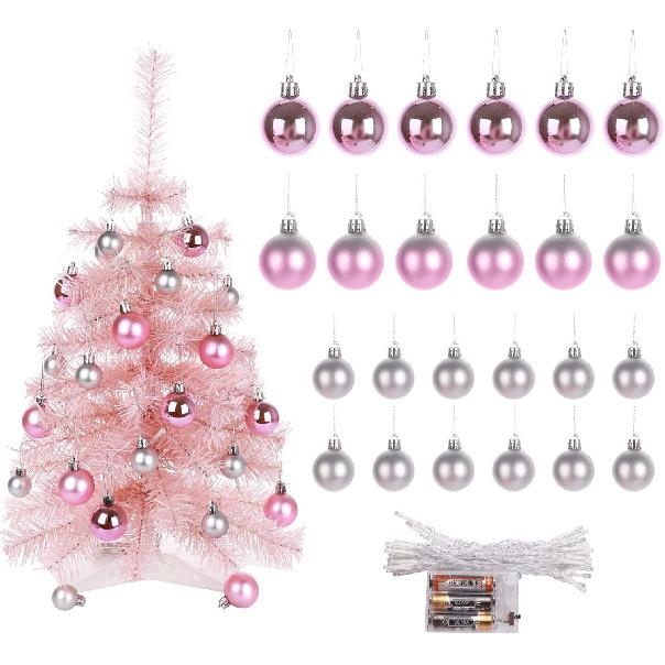 -Tabletop Christmas Tree Small Artificial Tree with Balls, Stand LED Lights Mini Christmas Tree for Christmas Decorations, Home, Kitchen, Dining