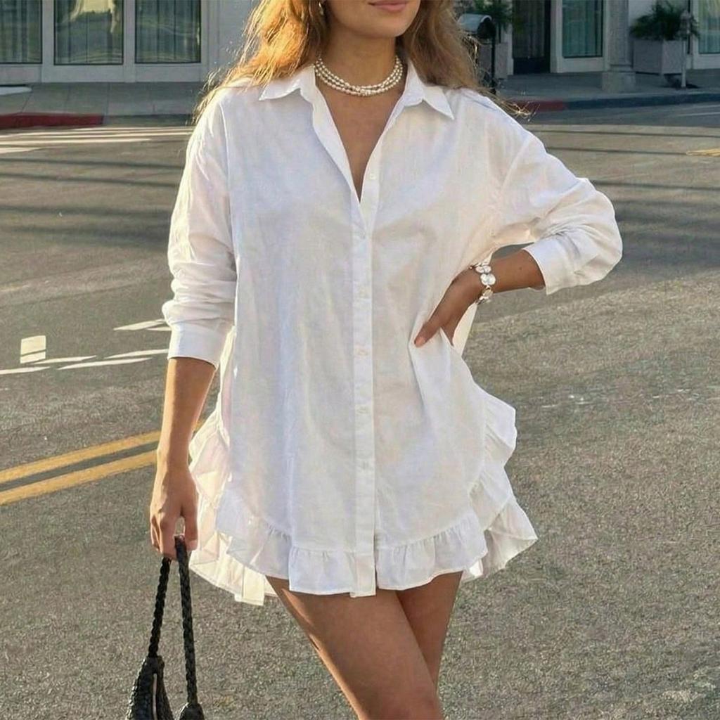 Women's Color Loose Fit Shirt Dress with Ruffle Hem for Casual Daily Wear