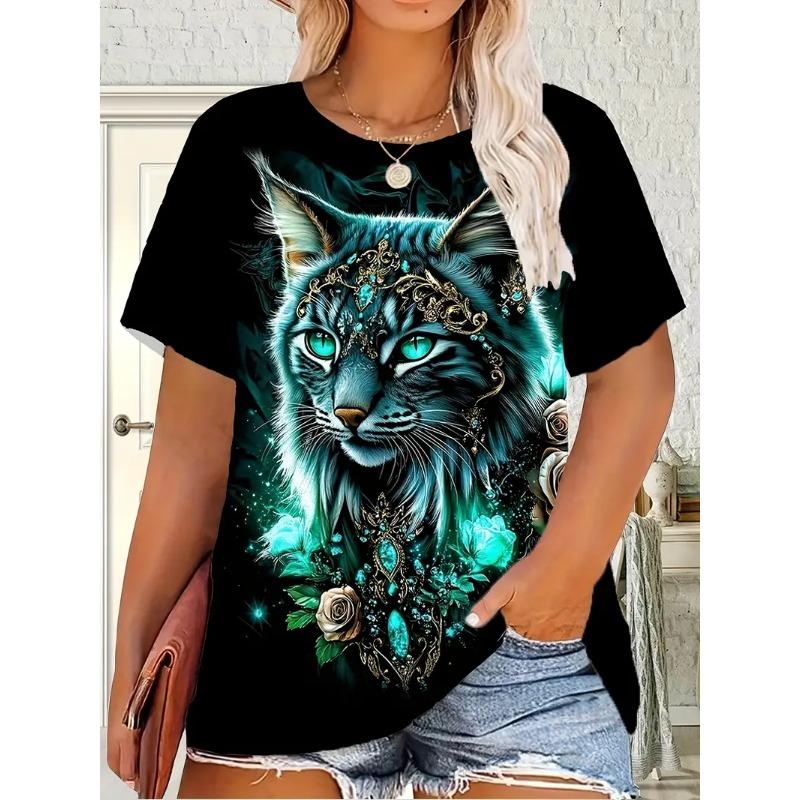 T-shirt Women Wolf Print Tees O Neck Loose Short Sleeve Blouse Female Fashion Animal Graphic Tops Harajuku Streetwear