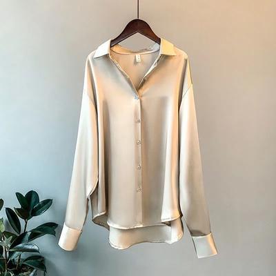 Spring Autumn Lapel Satin Blouses Solid White Long Sleeve Shirt Women's Office Blouse Fashion Top