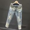 Holes Jeans Slim-fitting Cropped Zipper Closure Small-footed Mid Waist Daily Wear Breathable