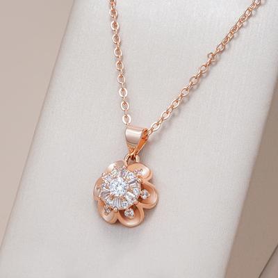 Rose Gold Color Crystal Flower Pendant Necklace For Women Natural Zircon Accessories Creative Daily Fine Jewelry