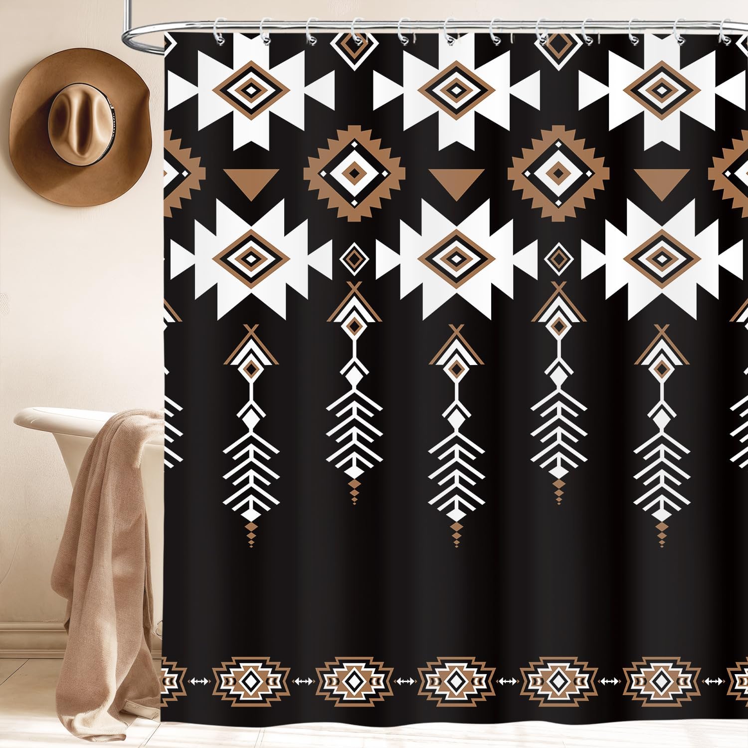 Black Western Aztec Shower Curtain, Vintage Abstract Geometric Cowboy Shower Curta Set, Boho Southwestern Tribal Native Neutral Fabric Shower Curta