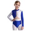 Mädchen Turnanzug Langarm Schlüsselloch Rücken Farbblock Patchwork Funkelnde Strasssteine Body für Tanzwettbewerb