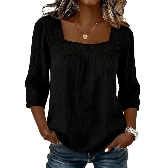 Women Shirt Square Collar 3/4 Sleeve Pure Color Casual Blouse Loose Fit Lace Splicing Summer Breathable Tops S чёрный