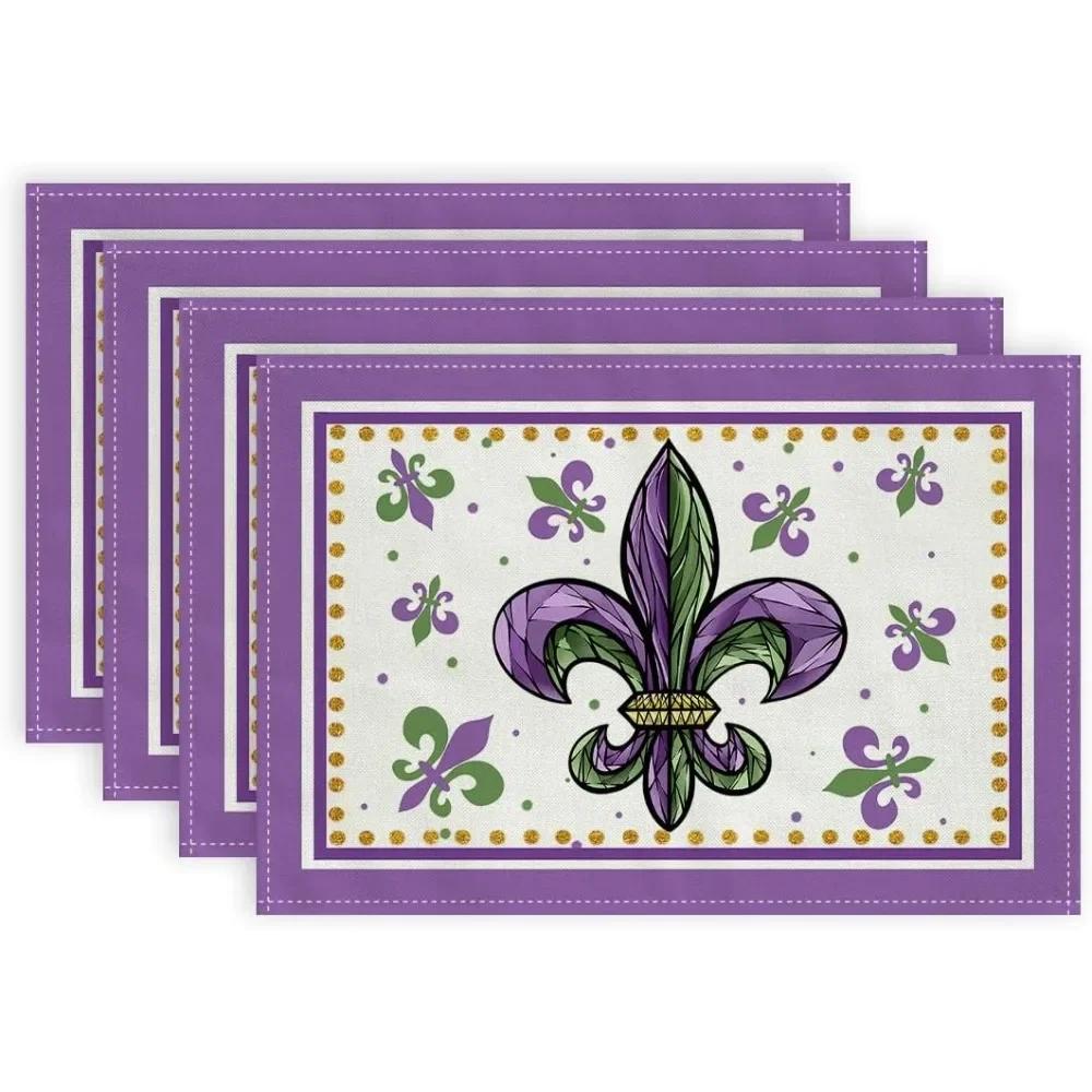 

4PCMardi Gras Carnival Placemats Fleur De Lis Purple Seasonal Farmhouse Burlap Indoor Kitchen Dining Table Decor 30x45cm-4PC