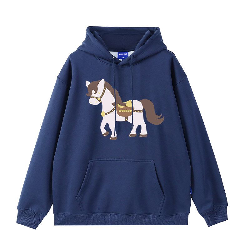Wassup Year of the Horse Themed National Trend Heavy Fleece Sweatshirt for Men, Autumn and Winter Loose Casual Couple Hooded Top Jacket