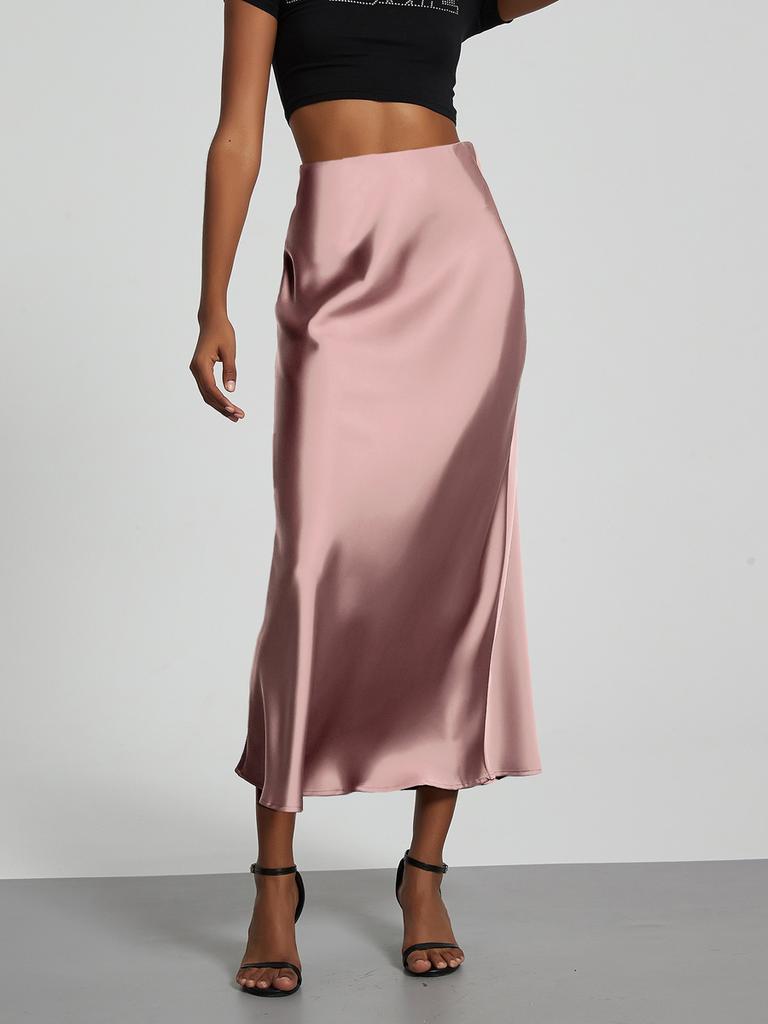 Women's Clothing Elegant Satin Midi Skirt Slim Fit High-Waisted Dress