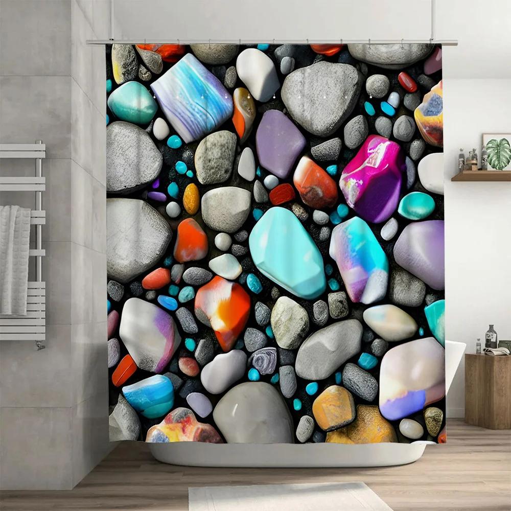 Colorful Geometric Bath Mat Shower Curtain Waterproof Fabric Decor Home Bathroom Rug Set For Bathtub Large