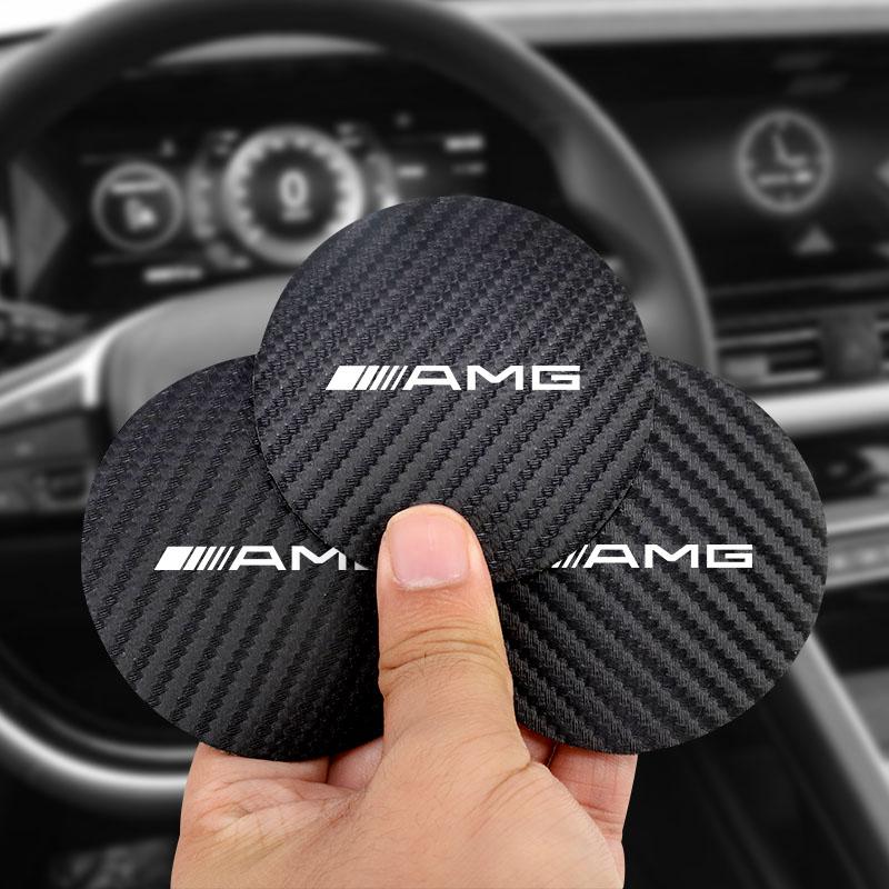 IXEA6 2Pcs Leather Car Logo Coaster Anti Noise Cup Mats Accessories For Mercedes Benz AMG GLE GLS CLA CLE GLC CLS GLA W223 Stickers