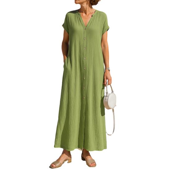 Summer Short Sleeve Cotton Dress for Women Button Down V Neck Long Dress Casual Loose Flowy A-line Beach Sundress with Pockets M