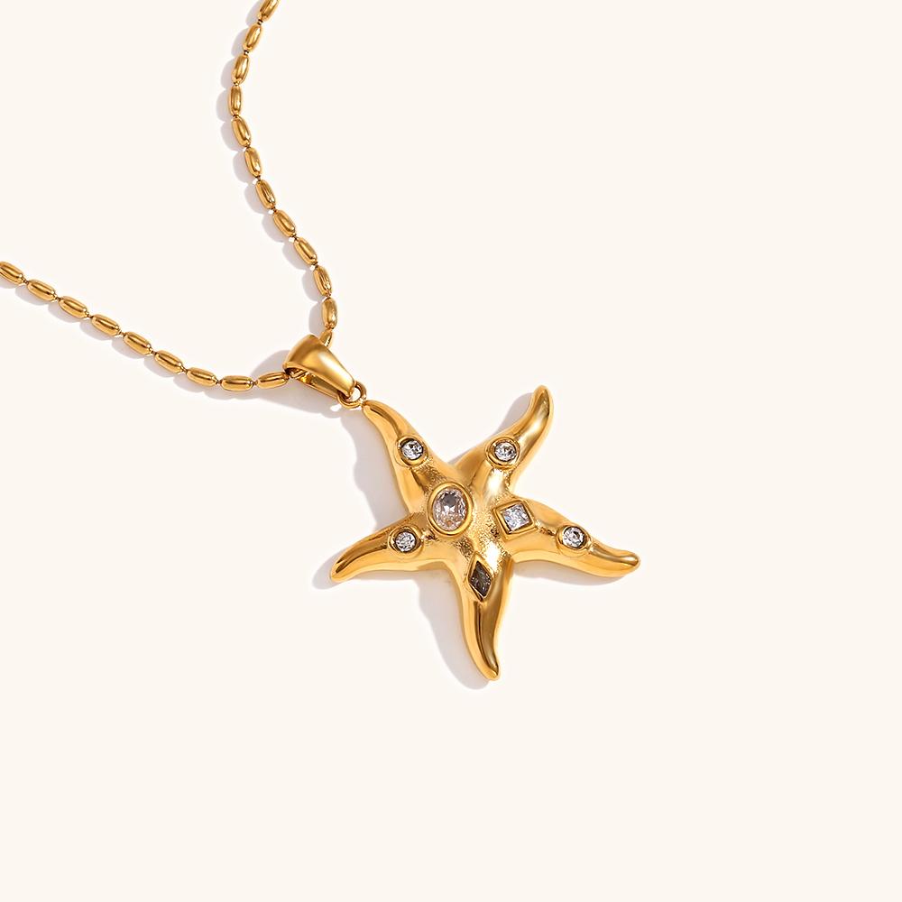 Dingran Custom Fashionable Stainless Steel Gold Plated Geometric Zirconia Starfish Pendant Necklace