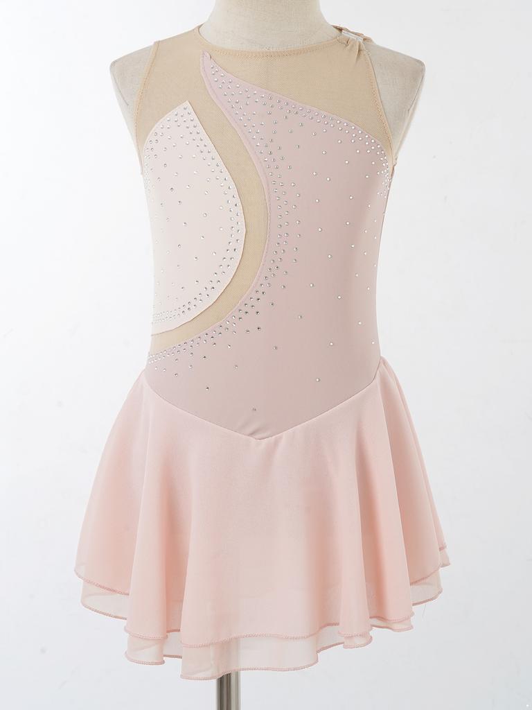 Girls Sleeveless Dance Dress Round Neck Rhinestone Decorated Patchwork Style Performance Costume for Ballet Jazz