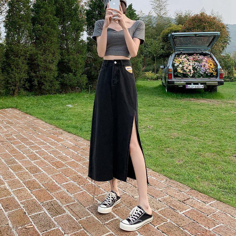 

Юбка средней длины, облегающая, женская, дизайнерская, тонкая, летняя, с высокой талией, открытая сбоку, вилка, пакет, бедра, A Word, ковбойская мода, джинсовая юбка-бюстье XXL чёрный