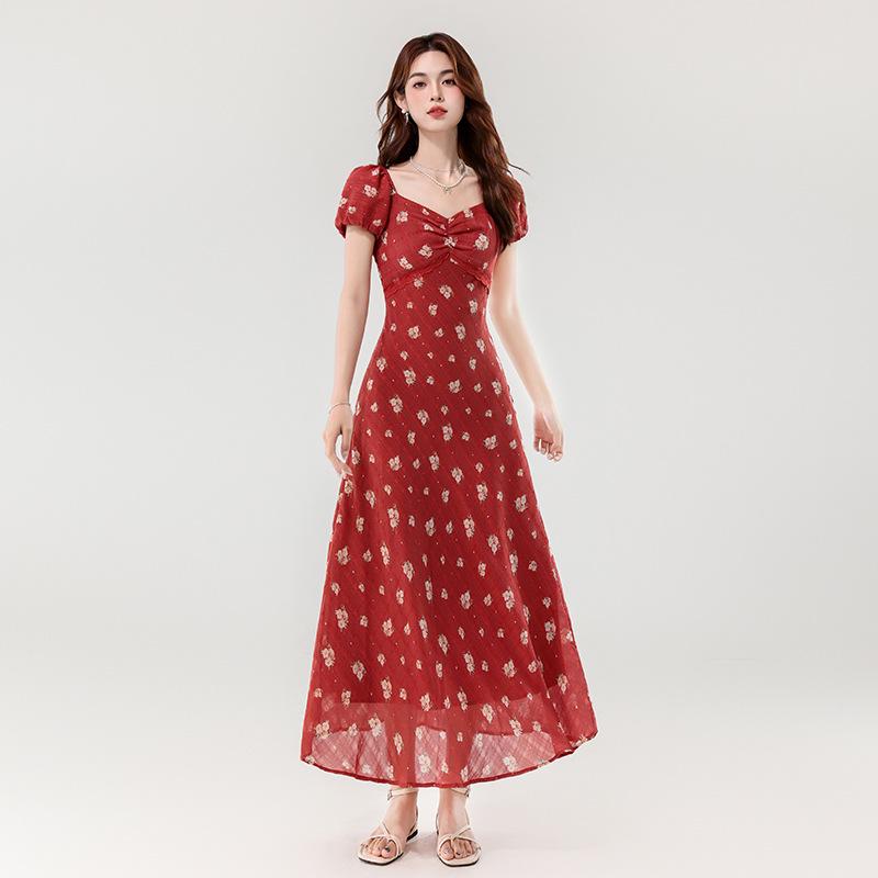 Women’s 2026 Summer Floral Midi Dress - French Waist-Cinched, Lace Trim, Square Neck