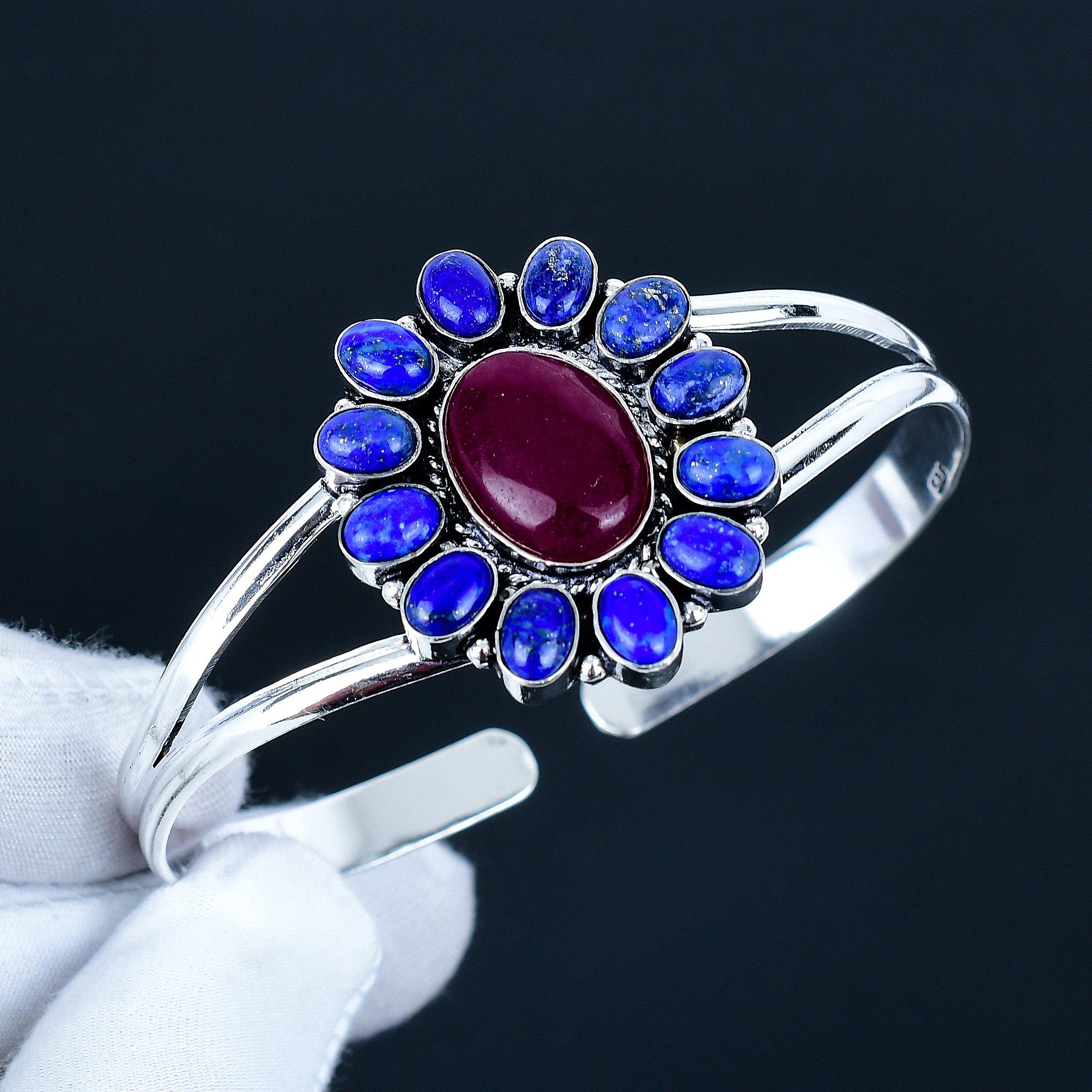 

Natural Lapis Lazuli Gemstone Handmade Cuff Bangle 925 Sterling Silver Cuff Bangle, Red Ruby Flower Shape Bracelet For Wife, Unisex Bangle, Love Gift 7 синий