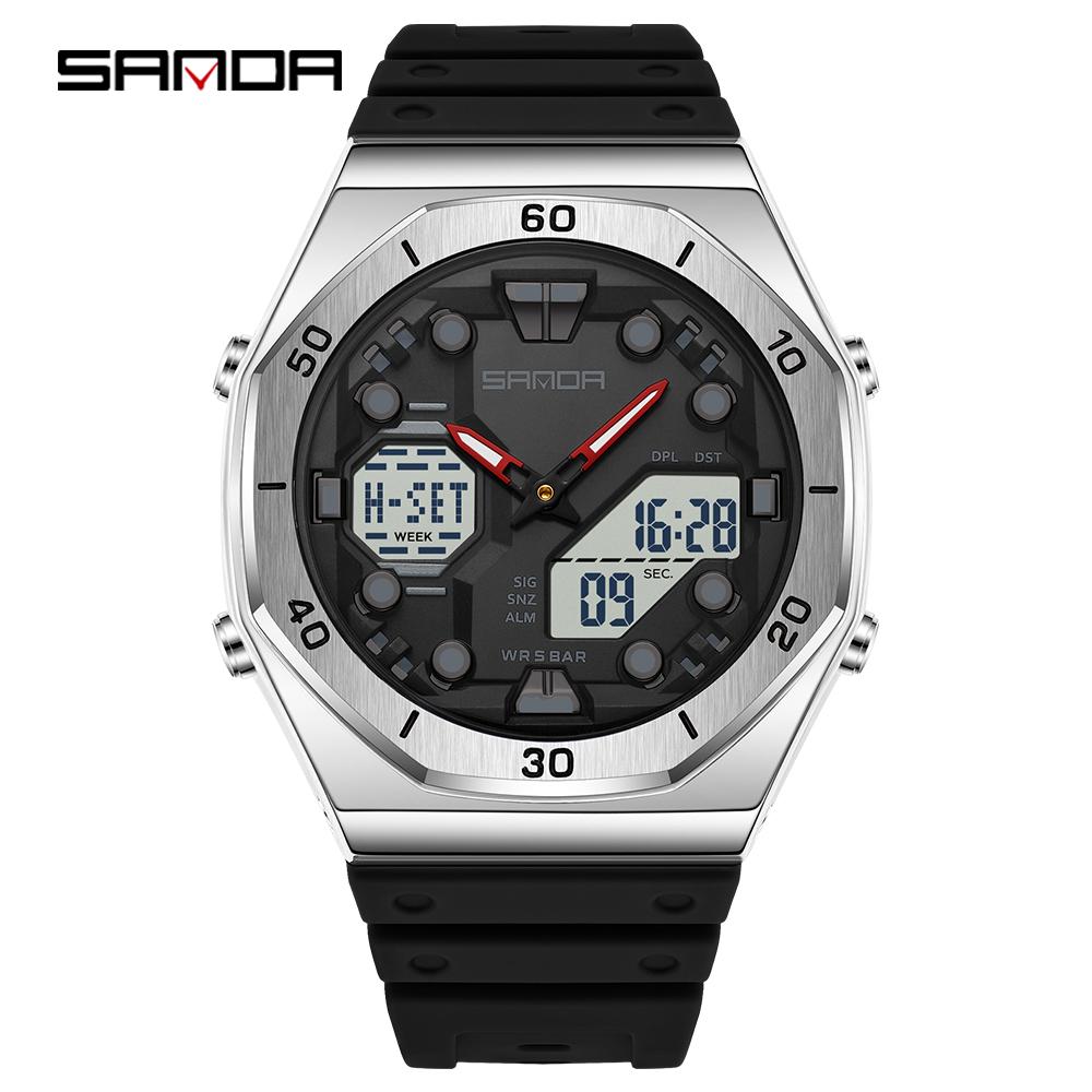 SANDA 6306 Modische Herren-Elektronikuhr Dual-Anzeige Multifunktional Nachtlicht Wecker Wasserdicht Coole Unisex-Uhr