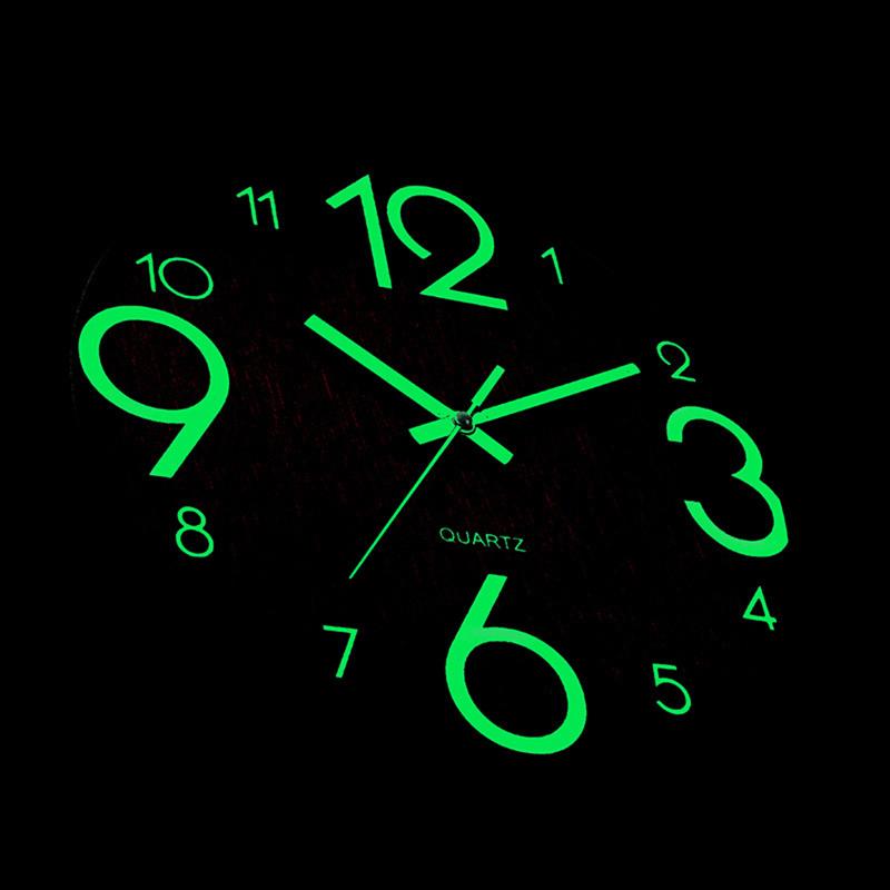 Round Luminous Wall Clock Glow In Dark Wooden Silent NonTicking Modern Style for Bedroom Decor