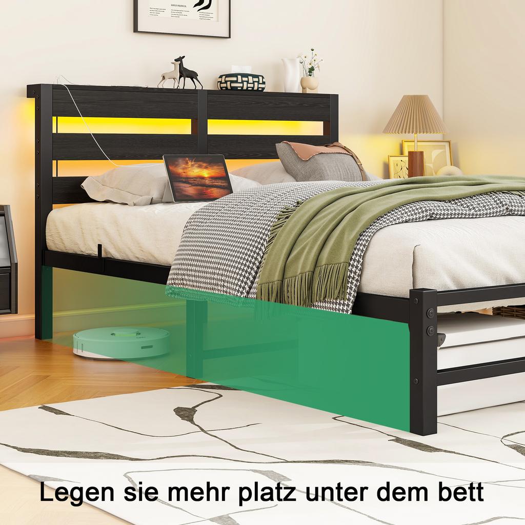 120x200 Bed Frame with LED Lighting and USB Charging Station, Metal Bed Frame Without Mattress, with Storage Space Under the Bed