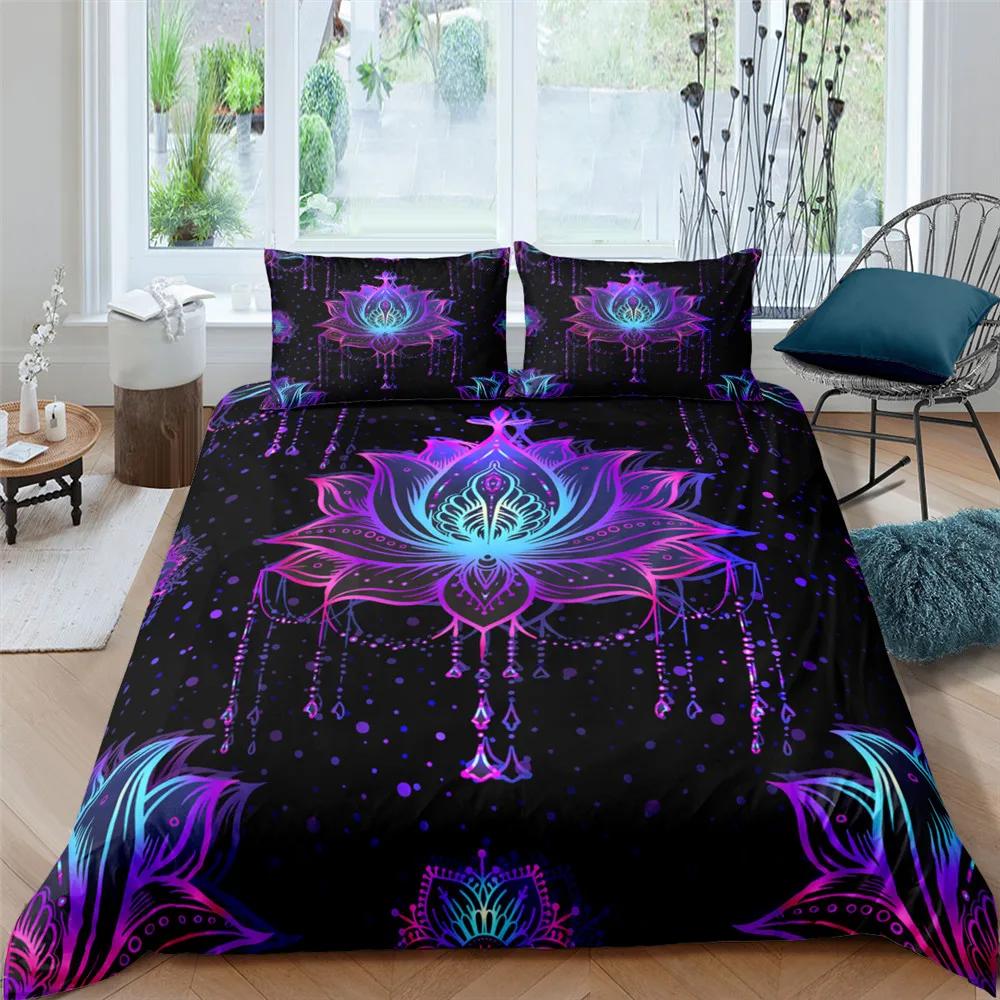 2/3dílná Sada na postel Bohemian Lotus Sada povlaku na přikrývku Mandala Květinový povlak na přikrývku Pro dospělé Černá Polyesterová sada ložního prádla Queen King Twin Pro teenagery