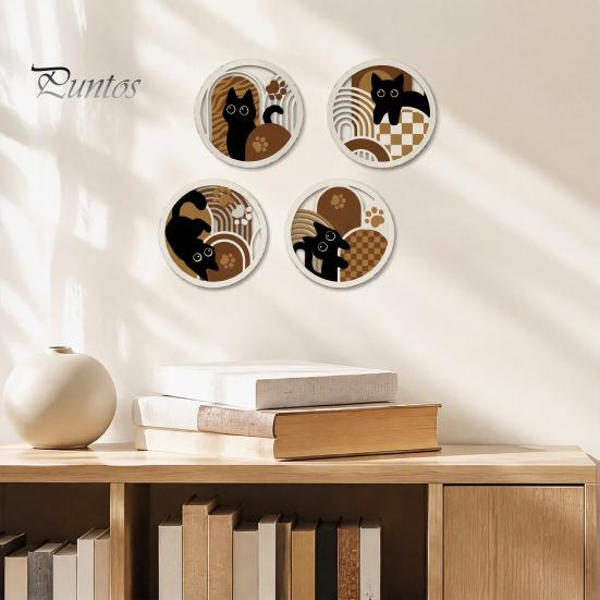 Minimalist Pet Home Decor 4Pcs Wooden Cat Wall Decor, 2D Flat Geometric Hollow Art Prints Modern Bedroom Accents Art, Hanging Signs for Living