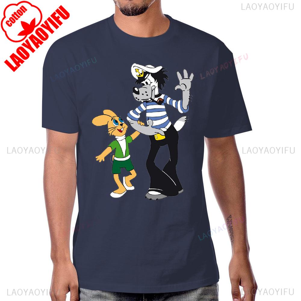 Wolf and Rabbit Nu Pogodi Cartoon Graphic Animation Tshirt Casual Fashion Loose Short Sleeve Cotton Tshirt Summer Man T Shirt