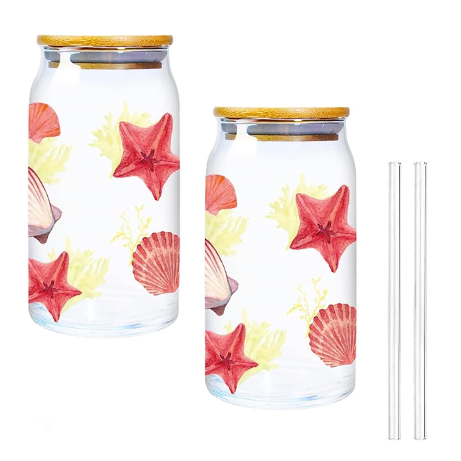 

2 Cute Fruit Wine Glasses With Bamboo Lids And Glass Straws -16Oz Can Shaped Glasses, Beer Glasses, And Cute Flat Bottomed Iced Set