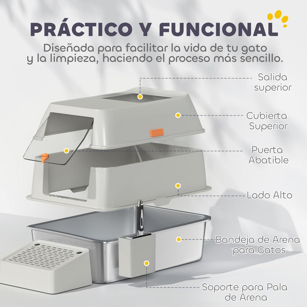 Covered Stainless Steel Cat Litter Box with Exit Step and Stainless Steel Scoop Light Grey