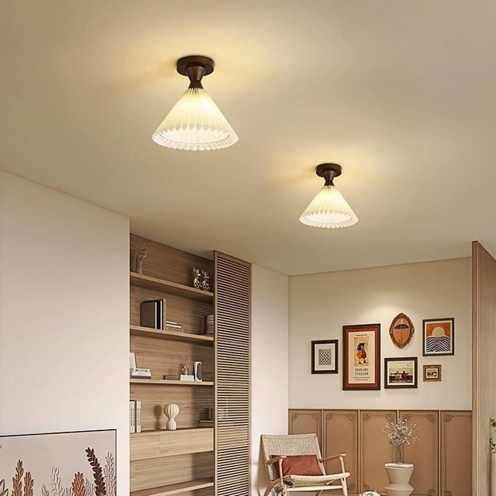Nordic Wood Ceiling Lamp with Pleated Fabric Shade Indoor Lighting Farmhouse Semi Flush Mount Ceiling Light Fixture Vintage Close to Ceiling Light